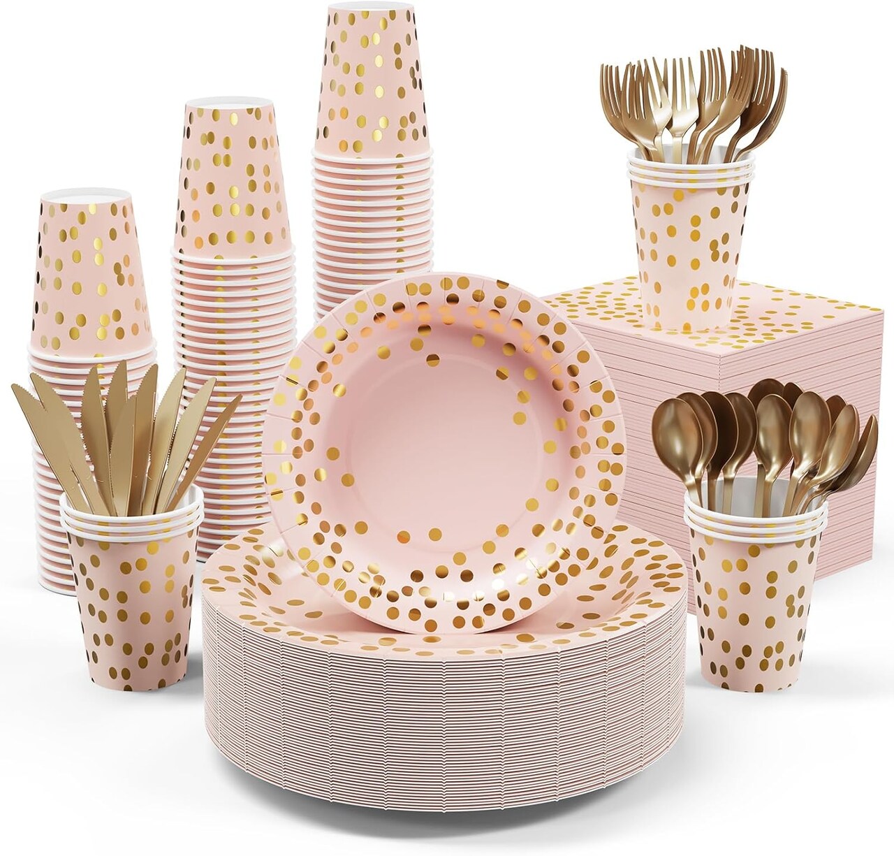 350-Piece Pink and Gold Party Supplies Set – Includes Pink Paper Plates, Napkins, Cups, and Gold Plastic Forks, Knives, and Spoons. Perfect for Graduations, Birthdays, and Cocktail Parties.